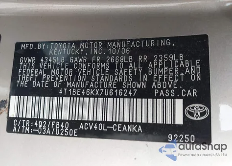 2007 Toyota Camry Le from USA, damaged, VIN 4T1BE46KX7U616247